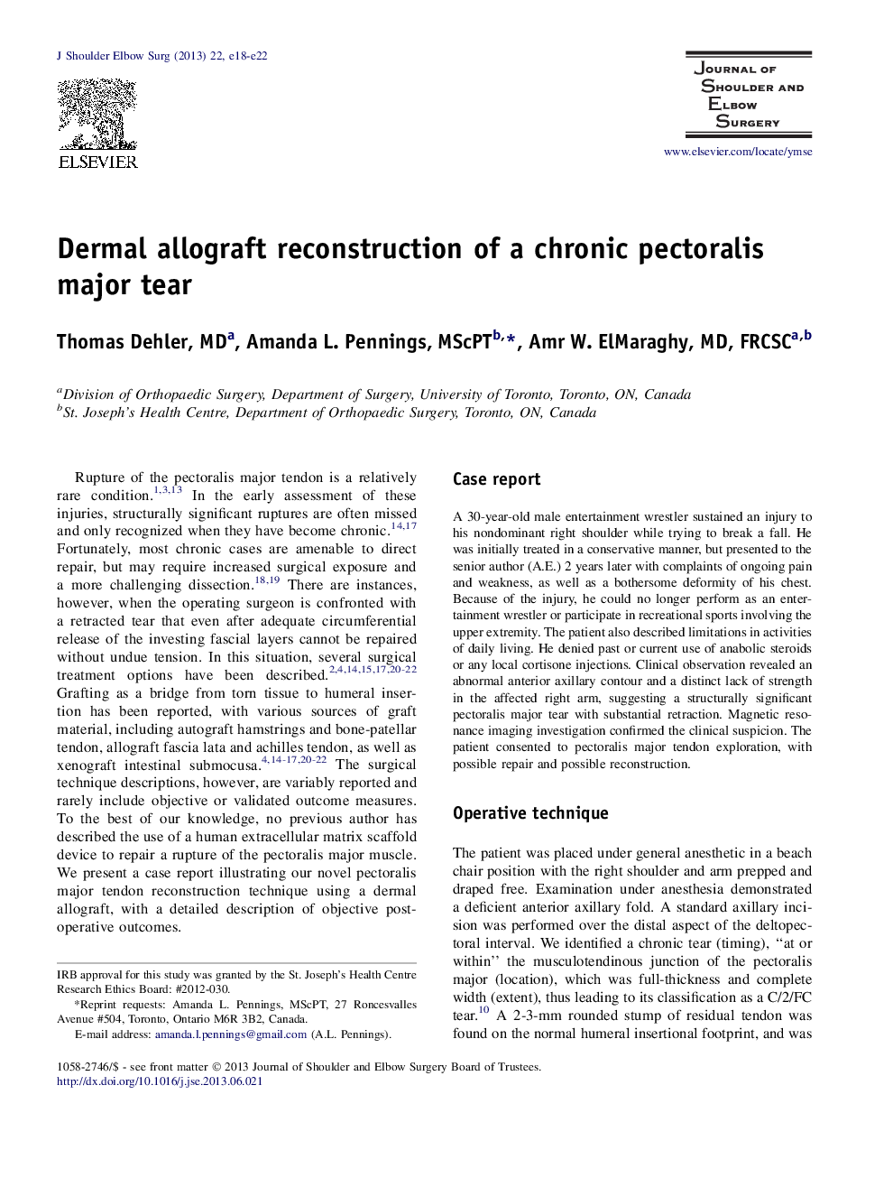 Dermal allograft reconstruction of a chronic pectoralis major tear