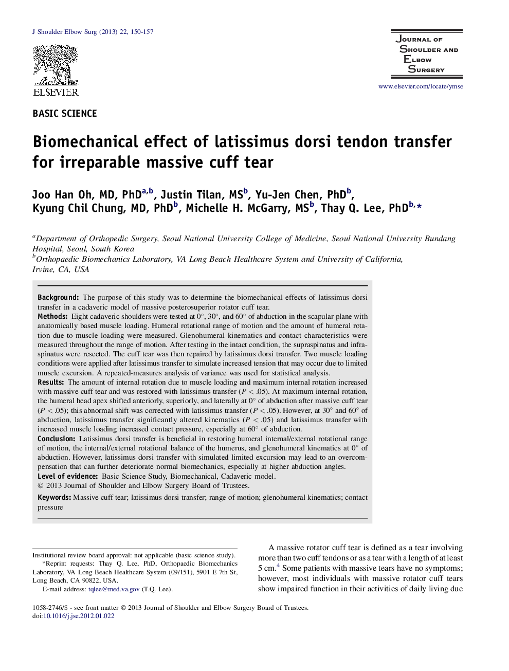 Biomechanical effect of latissimus dorsi tendon transfer for irreparable massive cuff tear 