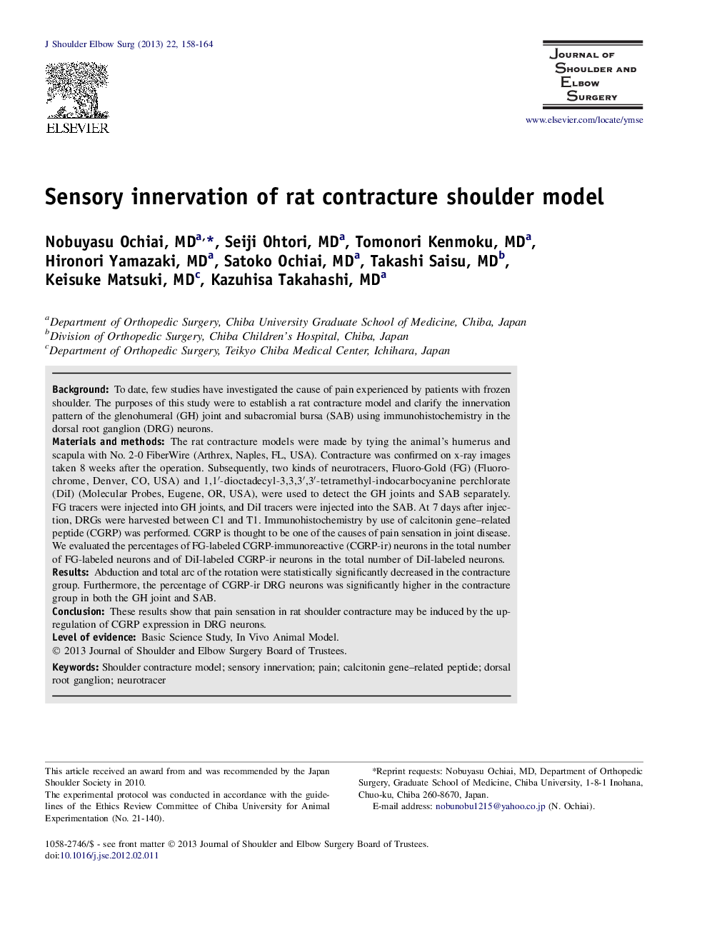 Sensory innervation of rat contracture shoulder model 