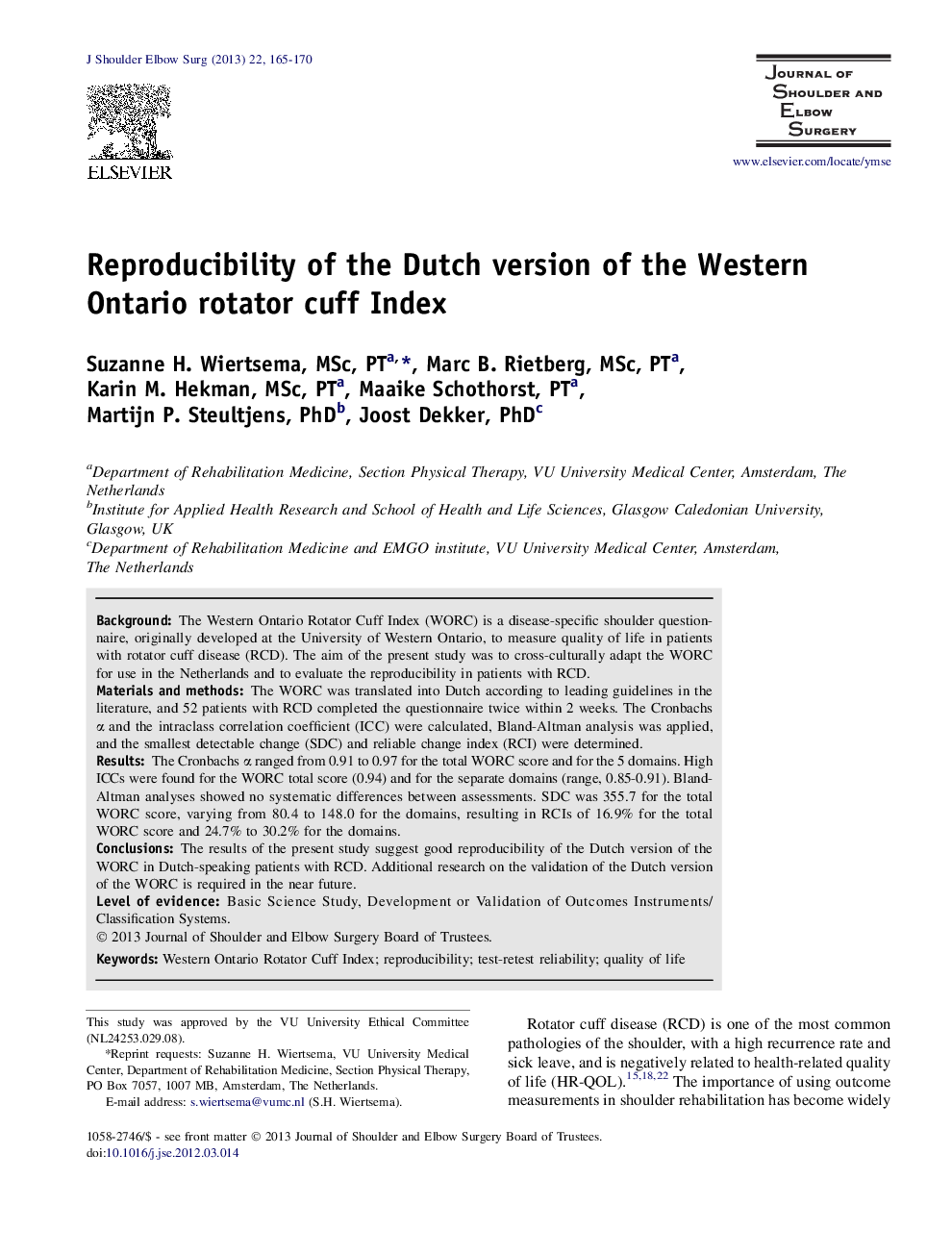 Reproducibility of the Dutch version of the Western Ontario rotator cuff Index 