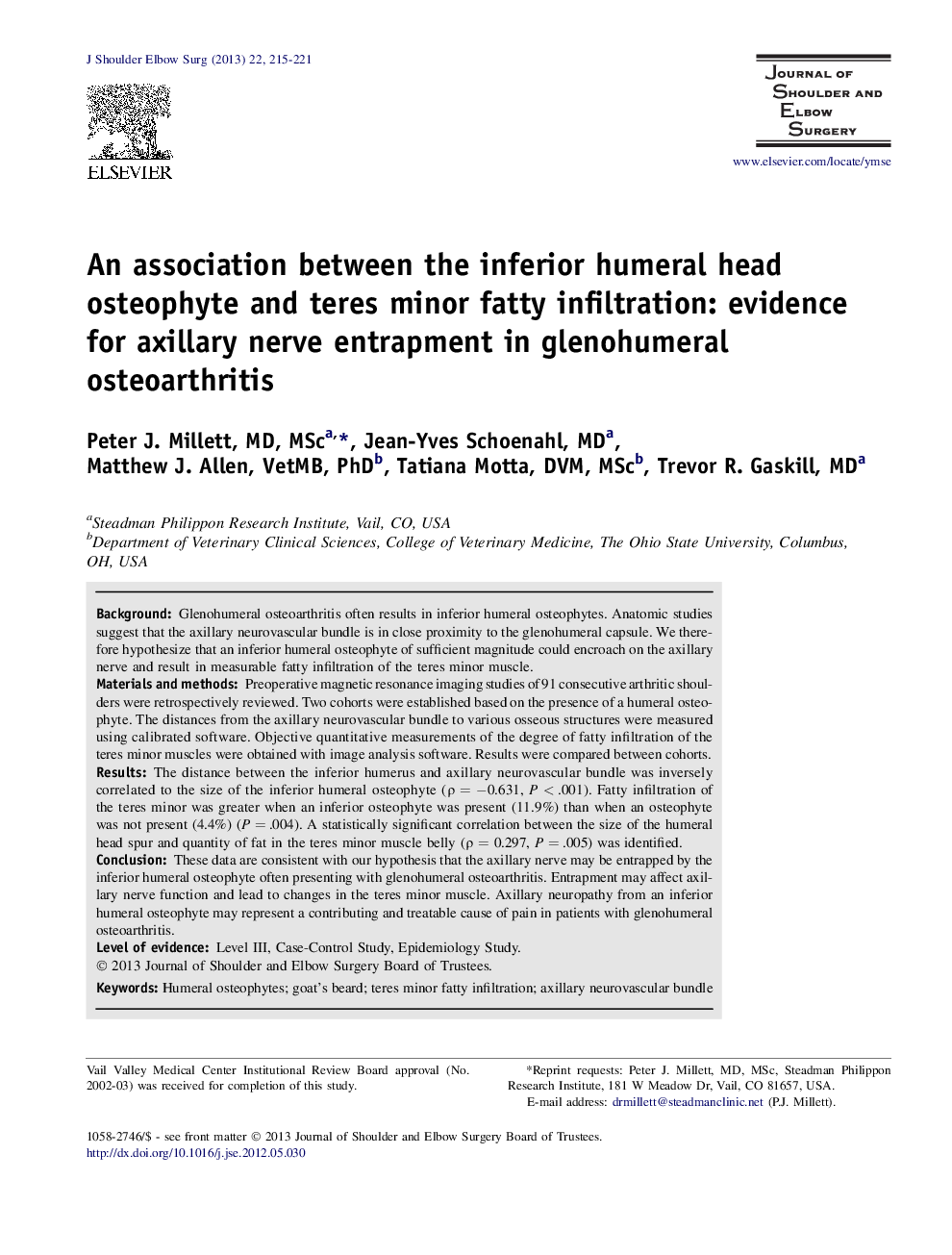 An association between the inferior humeral head osteophyte and teres minor fatty infiltration: evidence for axillary nerve entrapment in glenohumeral osteoarthritis 