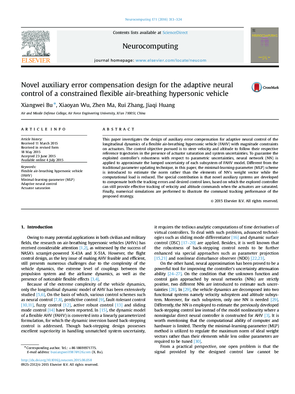 Novel auxiliary error compensation design for the adaptive neural control of a constrained flexible air-breathing hypersonic vehicle