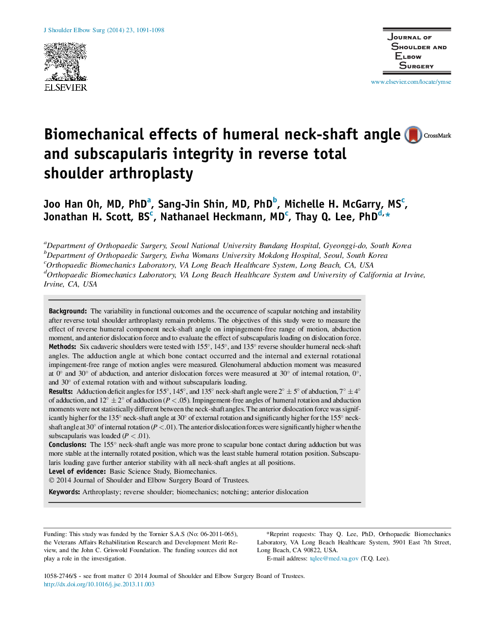 Biomechanical effects of humeral neck-shaft angle and subscapularis integrity in reverse total shoulder arthroplasty 