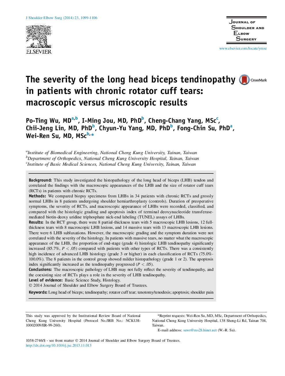 The severity of the long head biceps tendinopathy in patients with chronic rotator cuff tears: macroscopic versus microscopic results 