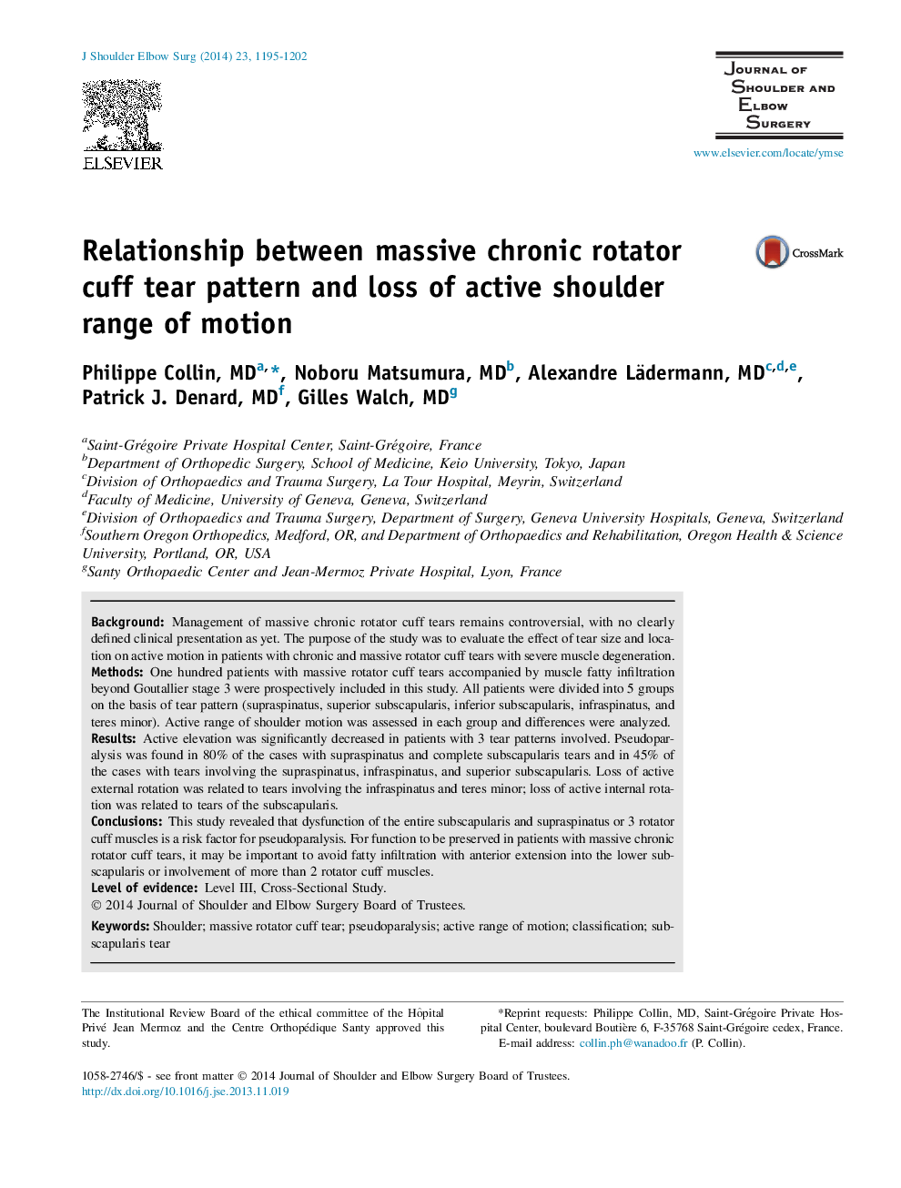 Relationship between massive chronic rotator cuff tear pattern and loss of active shoulder range of motion 