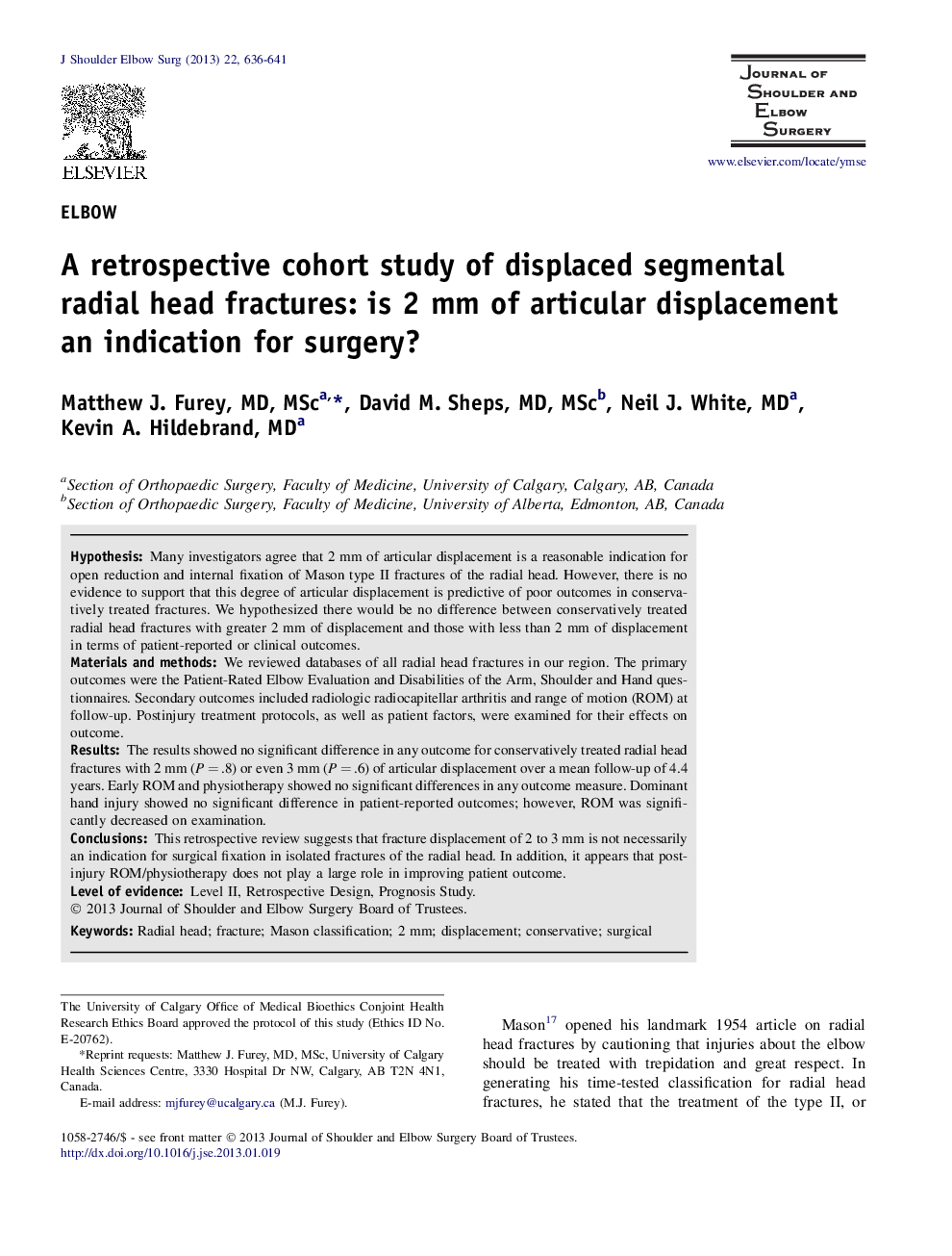 A retrospective cohort study of displaced segmental radial head fractures: is 2 mm of articular displacement an indication for surgery? 