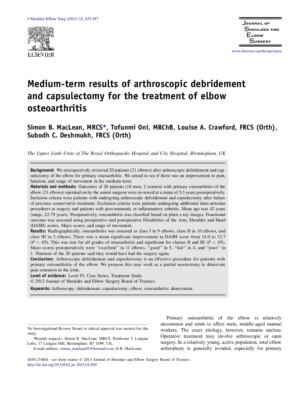 Medium-term results of arthroscopic debridement and capsulectomy for the treatment of elbow osteoarthritis 