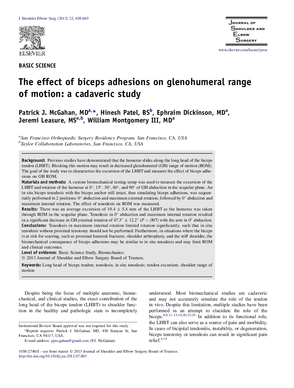 The effect of biceps adhesions on glenohumeral range of motion: a cadaveric study 