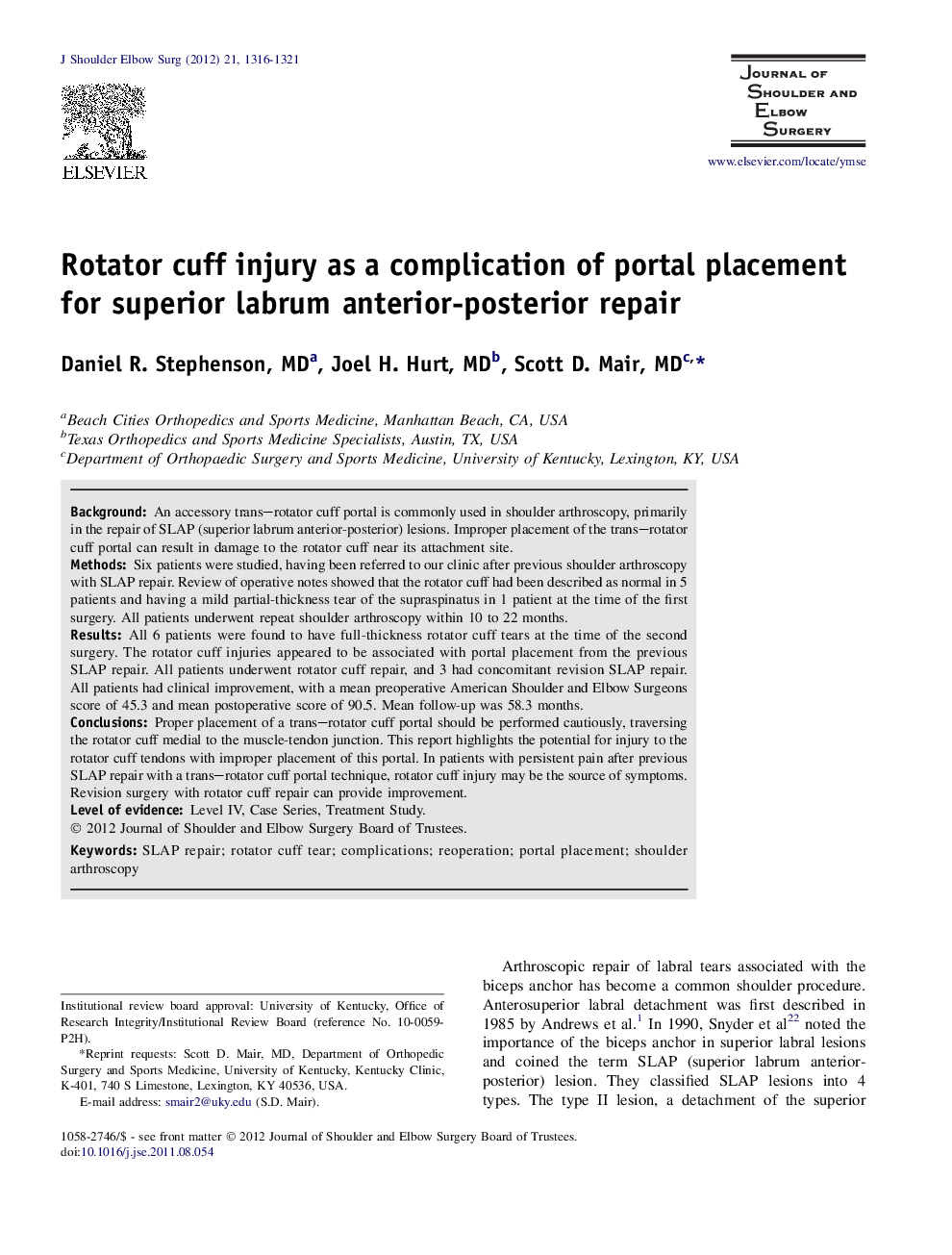 Rotator cuff injury as a complication of portal placement for superior labrum anterior-posterior repair 
