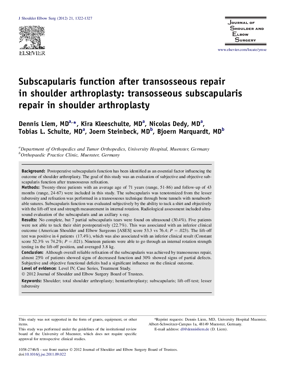 Subscapularis function after transosseous repair in shoulder arthroplasty: transosseous subscapularis repair in shoulder arthroplasty 