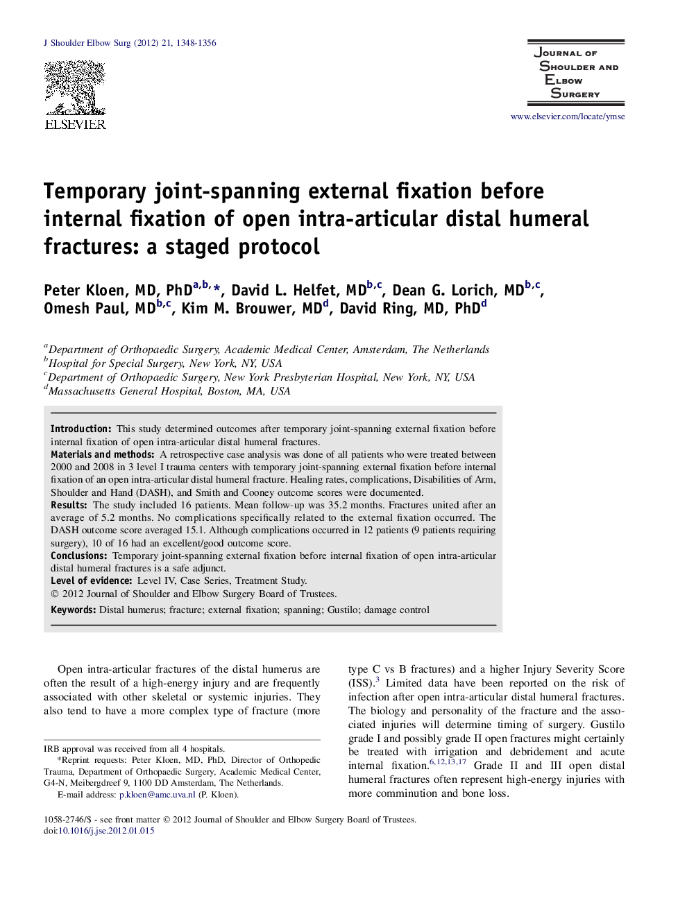 Temporary joint-spanning external fixation before internal fixation of open intra-articular distal humeral fractures: a staged protocol 