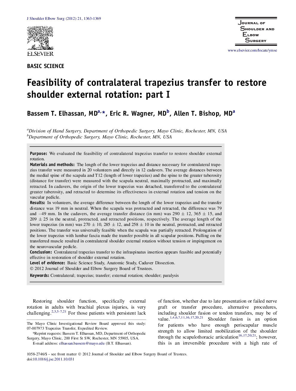 Feasibility of contralateral trapezius transfer to restore shoulder external rotation: part I 