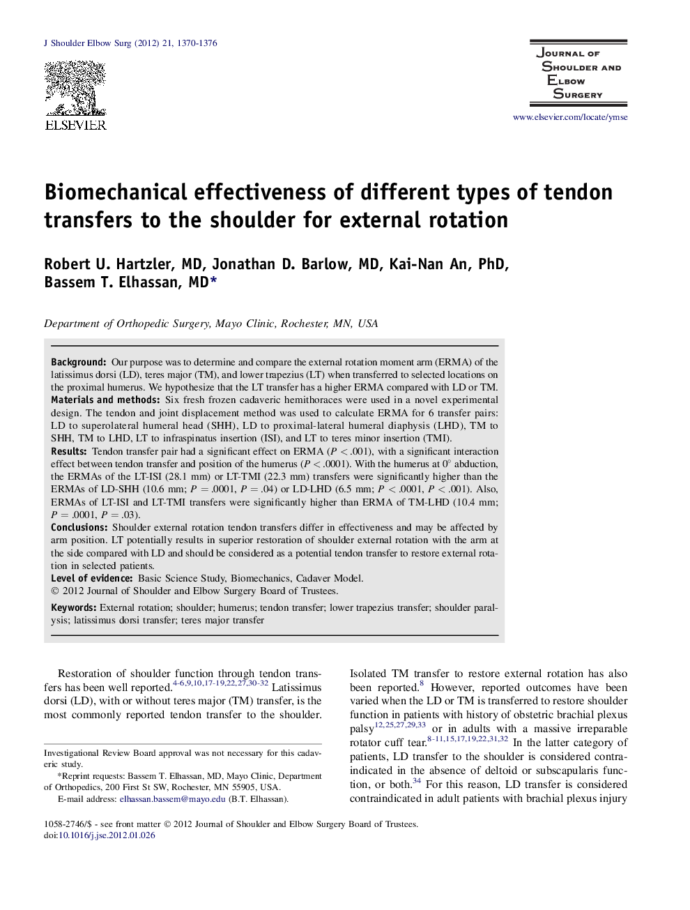 Biomechanical effectiveness of different types of tendon transfers to the shoulder for external rotation 