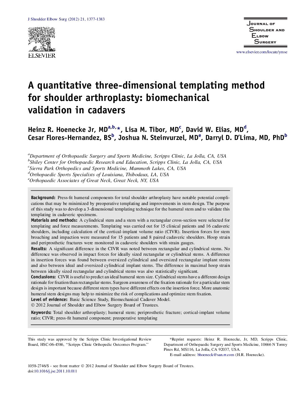 A quantitative three-dimensional templating method for shoulder arthroplasty: biomechanical validation in cadavers
