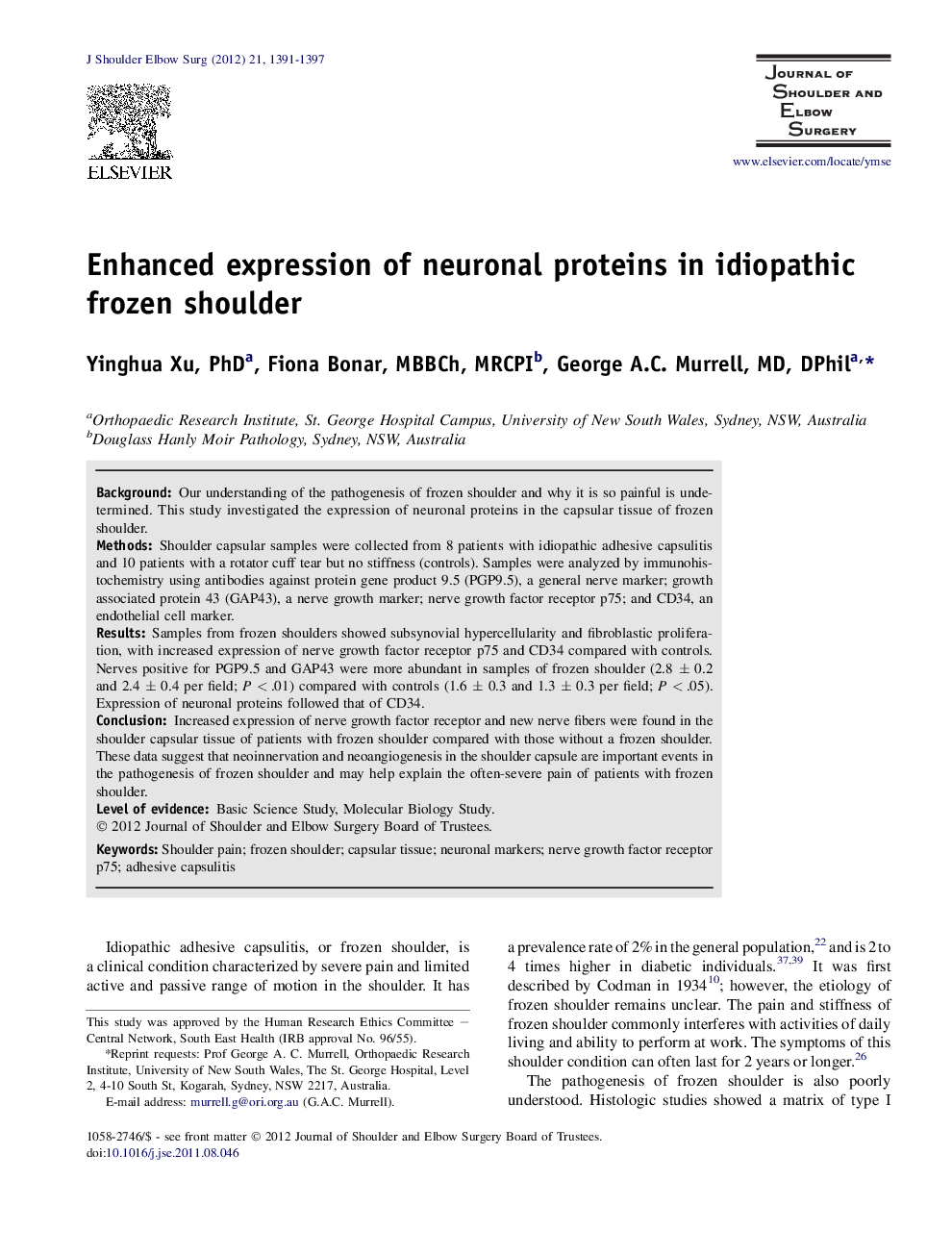 Enhanced expression of neuronal proteins in idiopathic frozen shoulder 