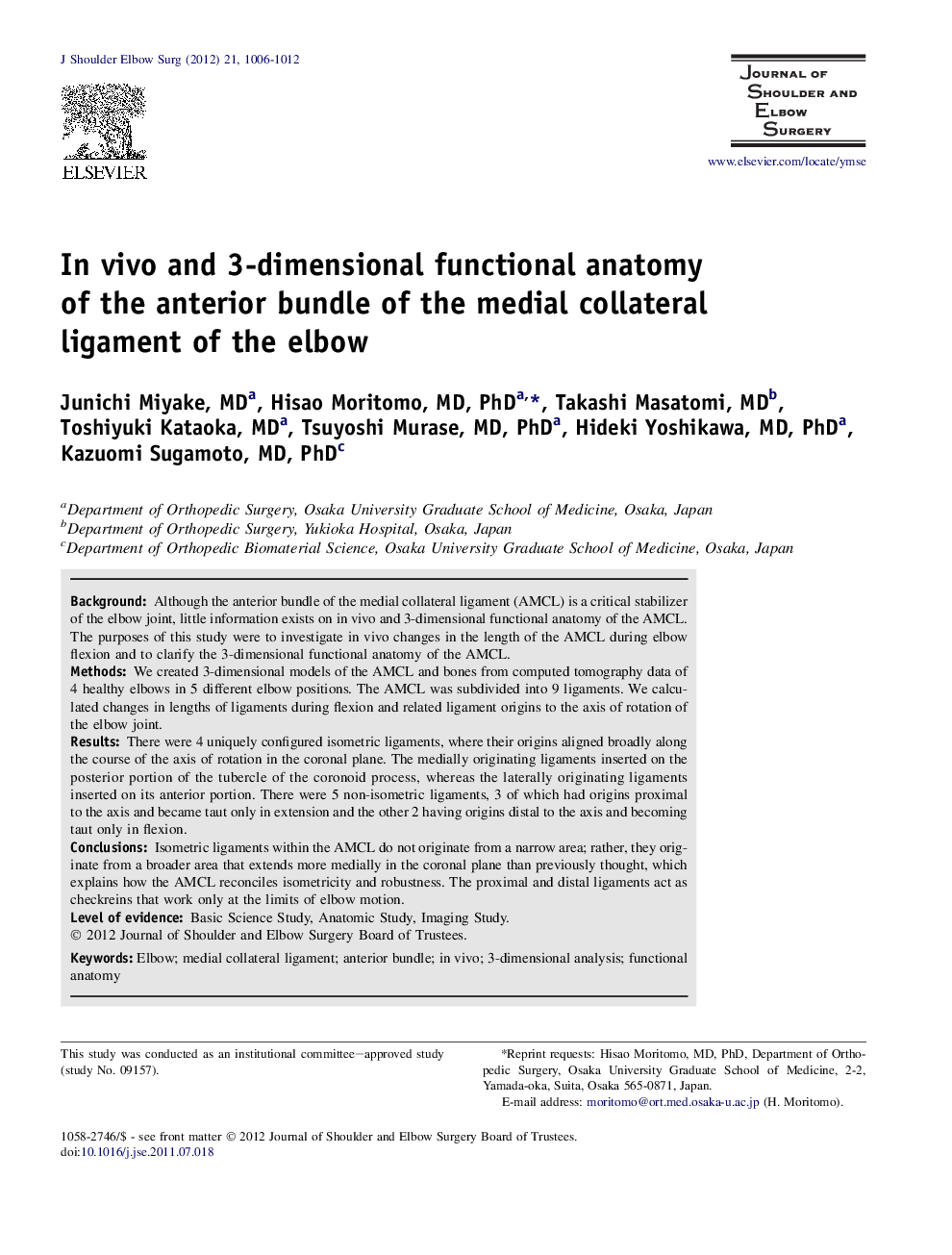 InÂ vivo and 3-dimensional functional anatomy of the anterior bundle of the medial collateral ligament of the elbow