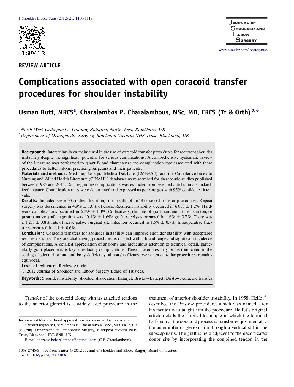 Complications associated with open coracoid transfer procedures for shoulder instability 