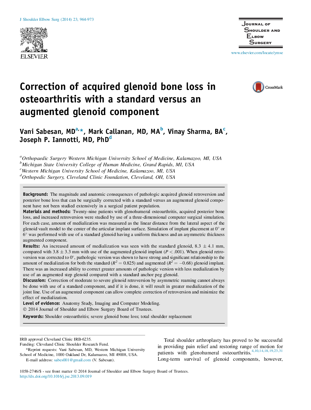 Correction of acquired glenoid bone loss in osteoarthritis with a standard versus an augmented glenoid component 