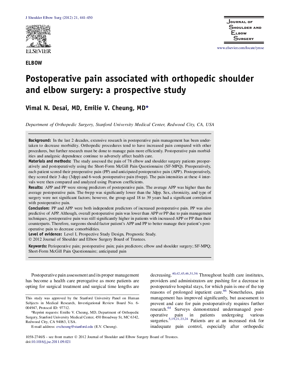 Postoperative pain associated with orthopedic shoulder and elbow surgery: a prospective study 