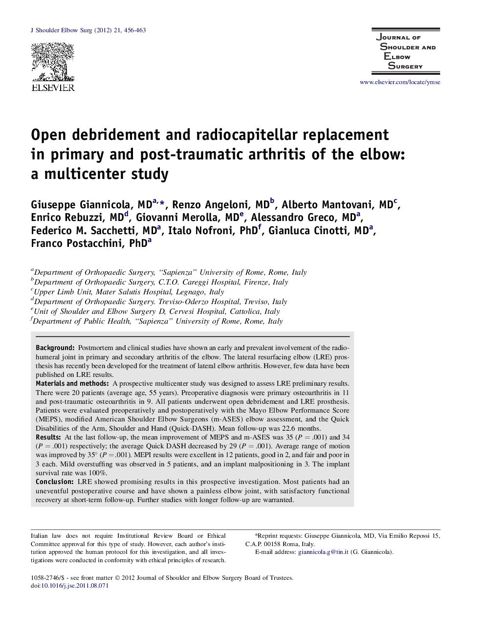 Open debridement and radiocapitellar replacement in primary and post-traumatic arthritis of the elbow: a multicenter study 
