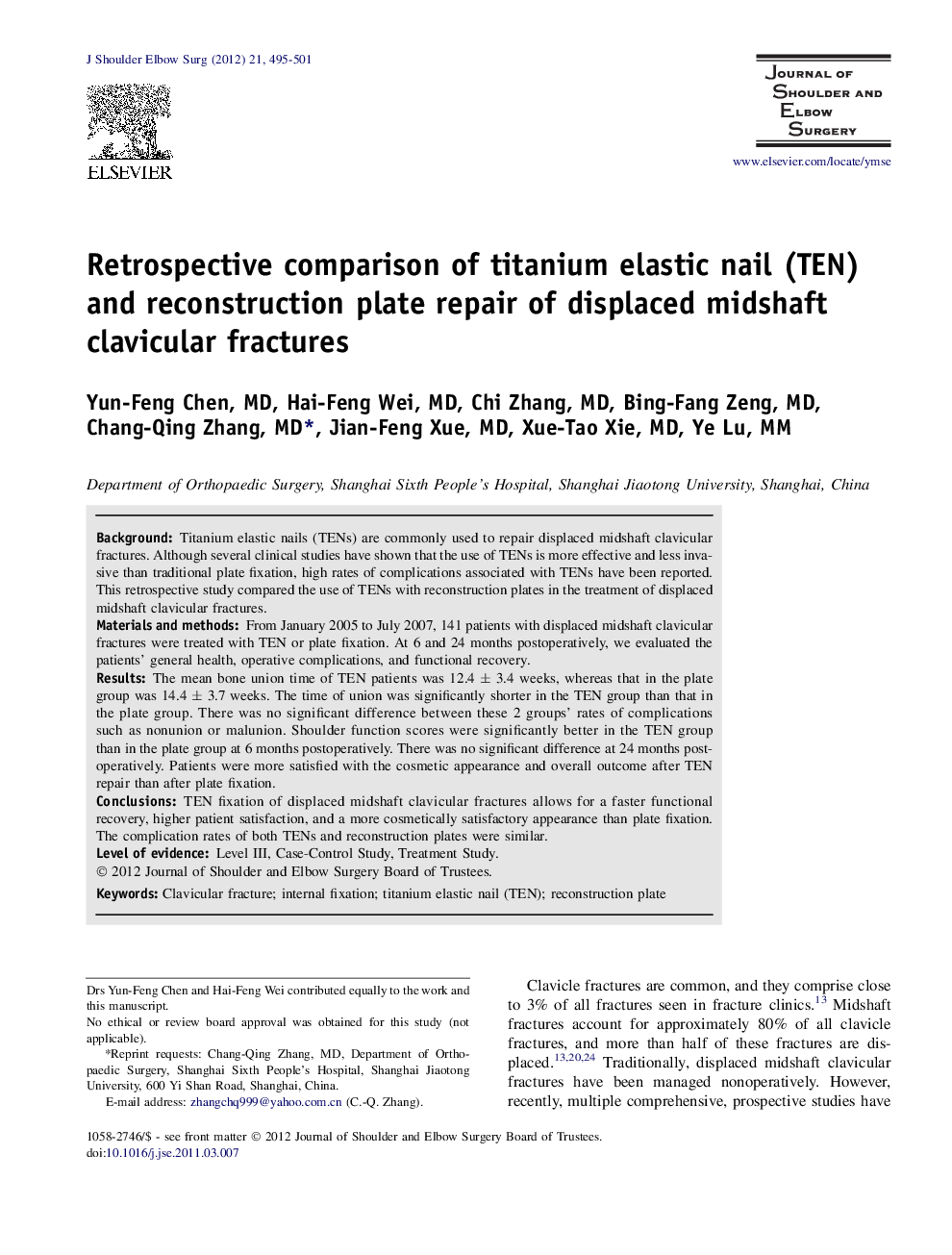 Retrospective comparison of titanium elastic nail (TEN) and reconstruction plate repair of displaced midshaft clavicular fractures 