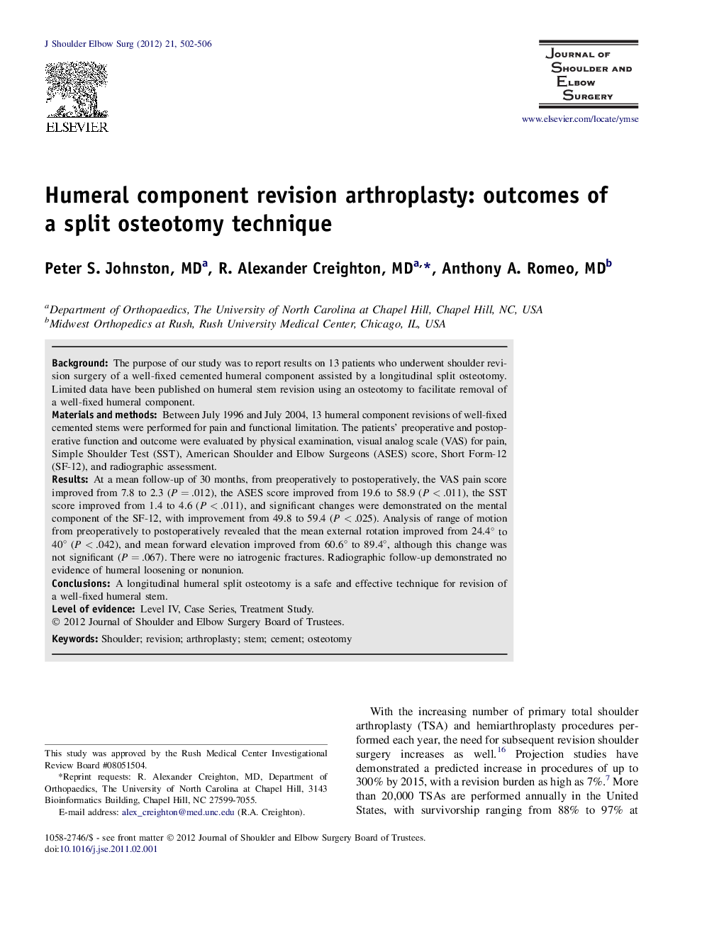 Humeral component revision arthroplasty: outcomes of a split osteotomy technique 