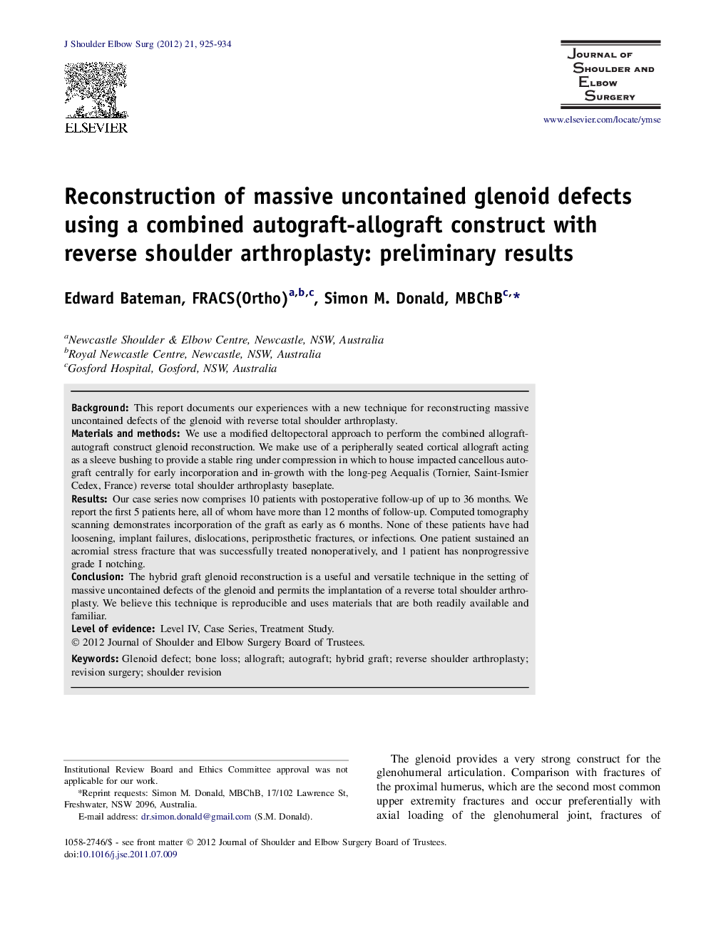 Reconstruction of massive uncontained glenoid defects using a combined autograft-allograft construct with reverse shoulder arthroplasty: preliminary results 