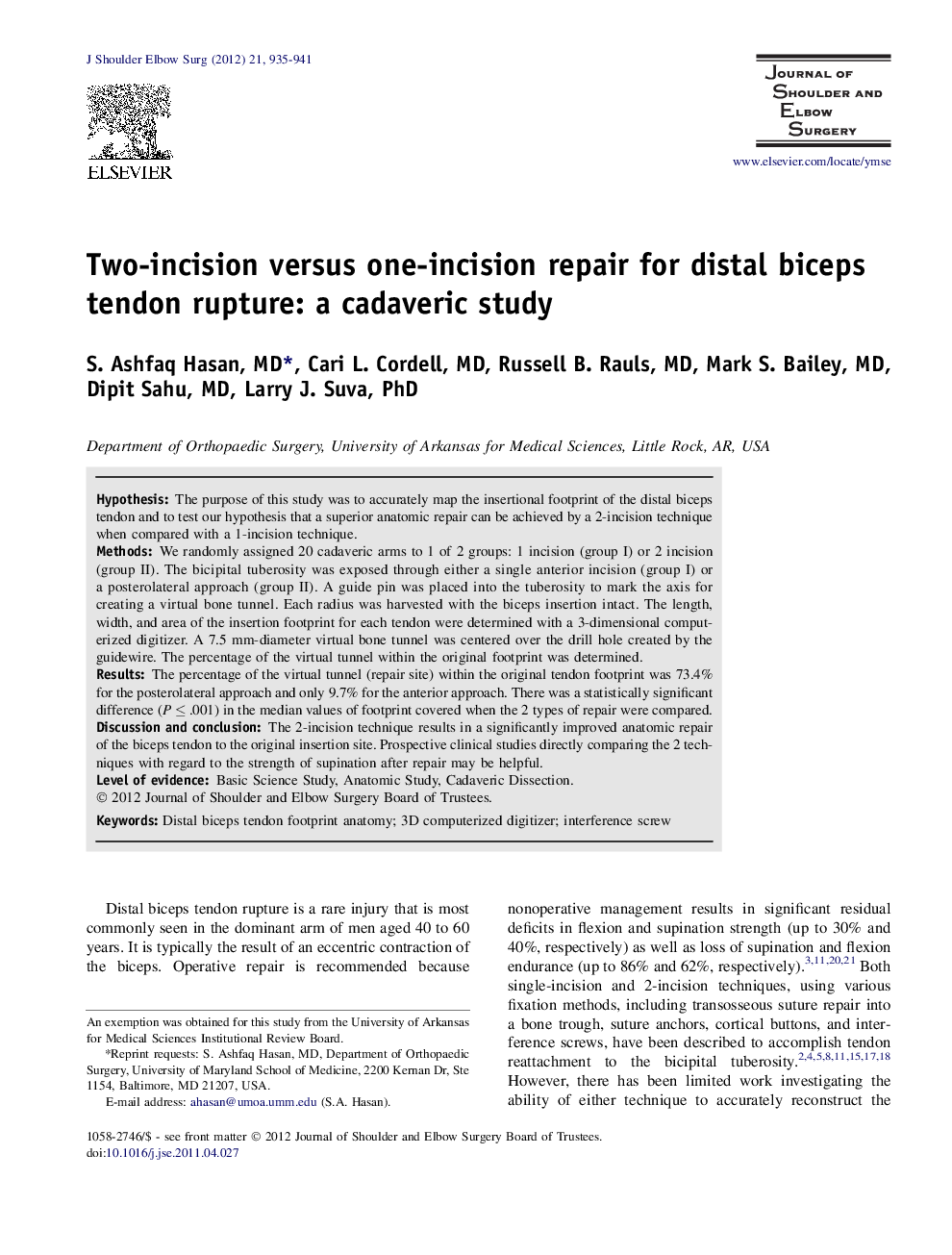 Two-incision versus one-incision repair for distal biceps tendon rupture: a cadaveric study 