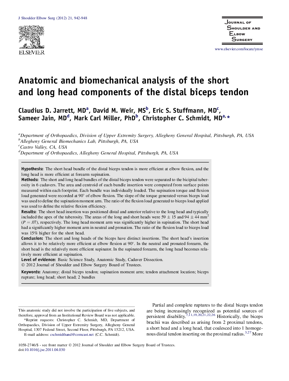 Anatomic and biomechanical analysis of the short and long head components of the distal biceps tendon 