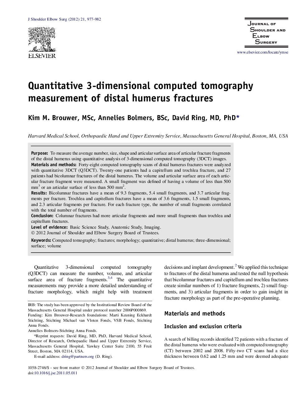 Quantitative 3-dimensional computed tomography measurement of distal humerus fractures 