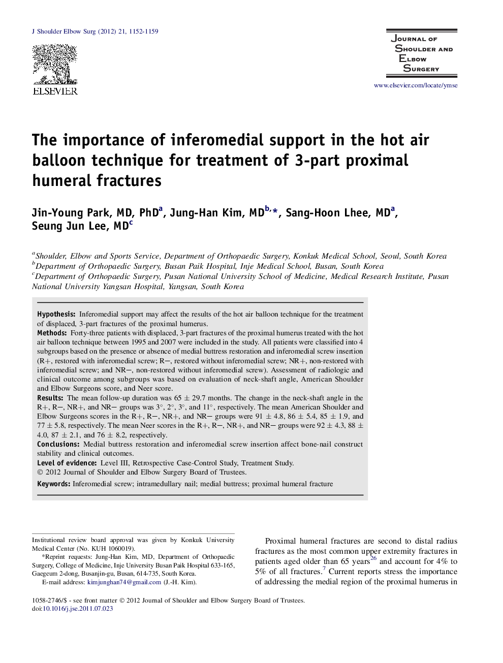 The importance of inferomedial support in the hot air balloon technique for treatment of 3-part proximal humeral fractures 