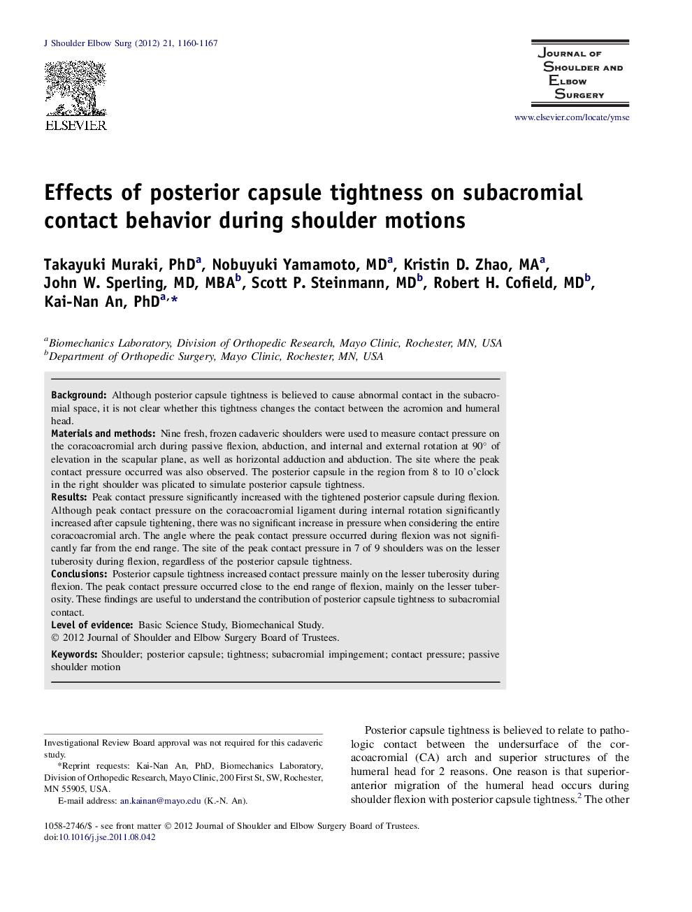 Effects of posterior capsule tightness on subacromial contact behavior during shoulder motions 