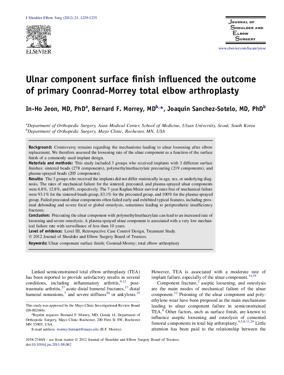 Ulnar component surface finish influenced the outcome of primary Coonrad-Morrey total elbow arthroplasty 