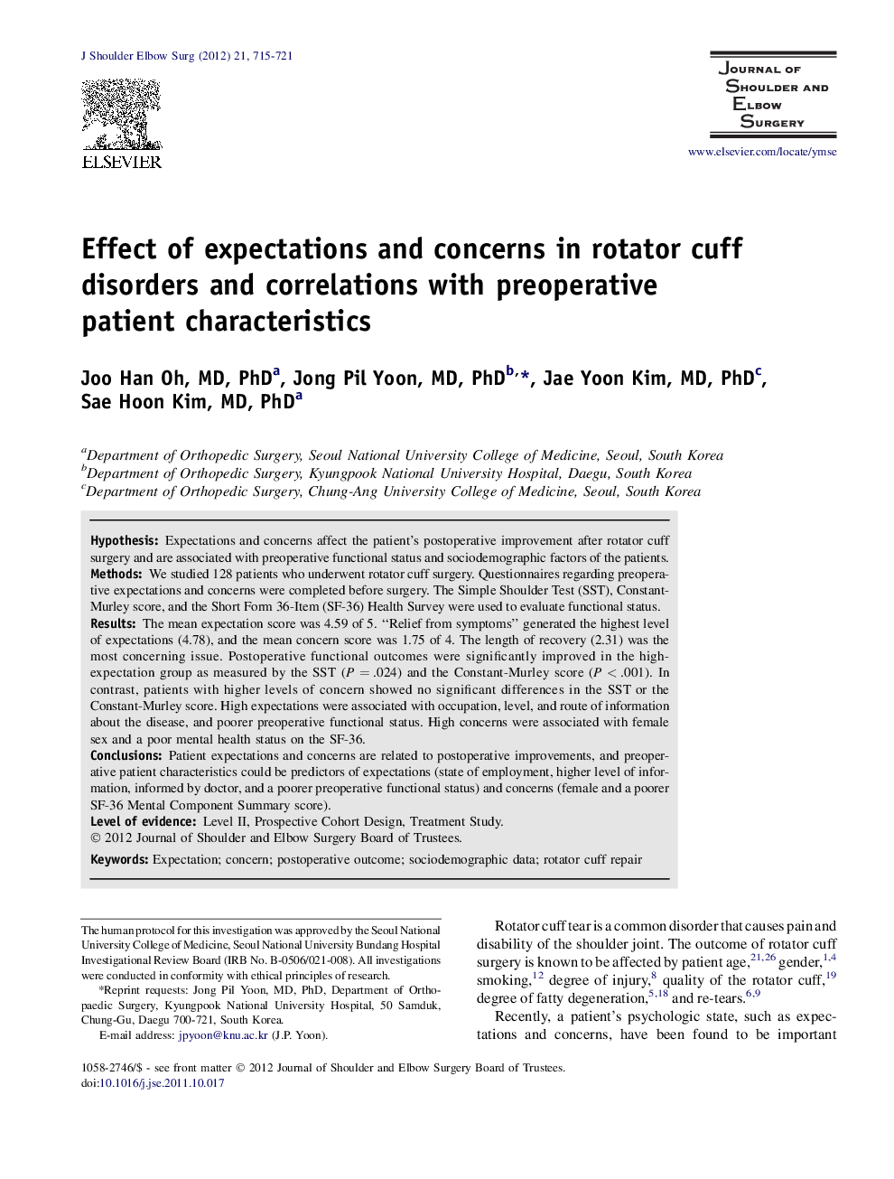Effect of expectations and concerns in rotator cuff disorders and correlations with preoperative patient characteristics 