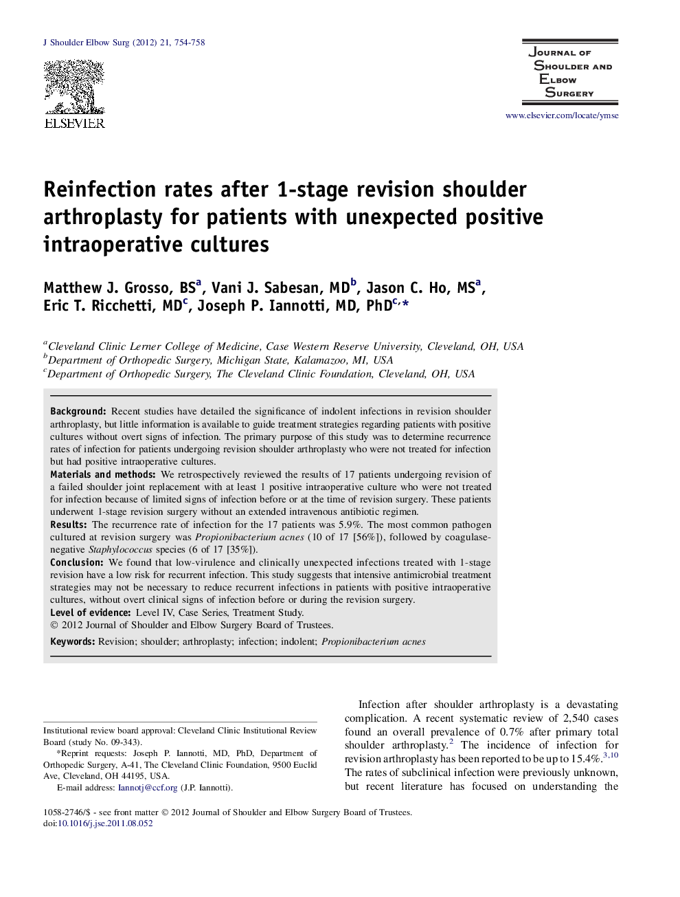 Reinfection rates after 1-stage revision shoulder arthroplasty for patients with unexpected positive intraoperative cultures 