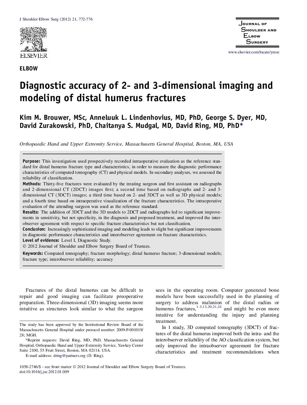 Diagnostic accuracy of 2- and 3-dimensional imaging and modeling of distal humerus fractures 