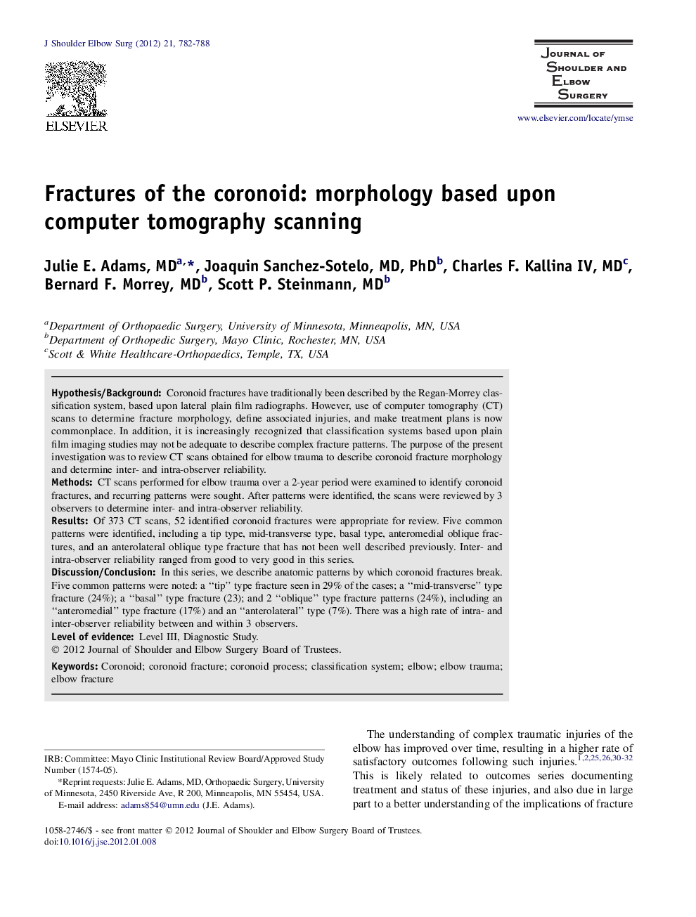 Fractures of the coronoid: morphology based upon computer tomography scanning 