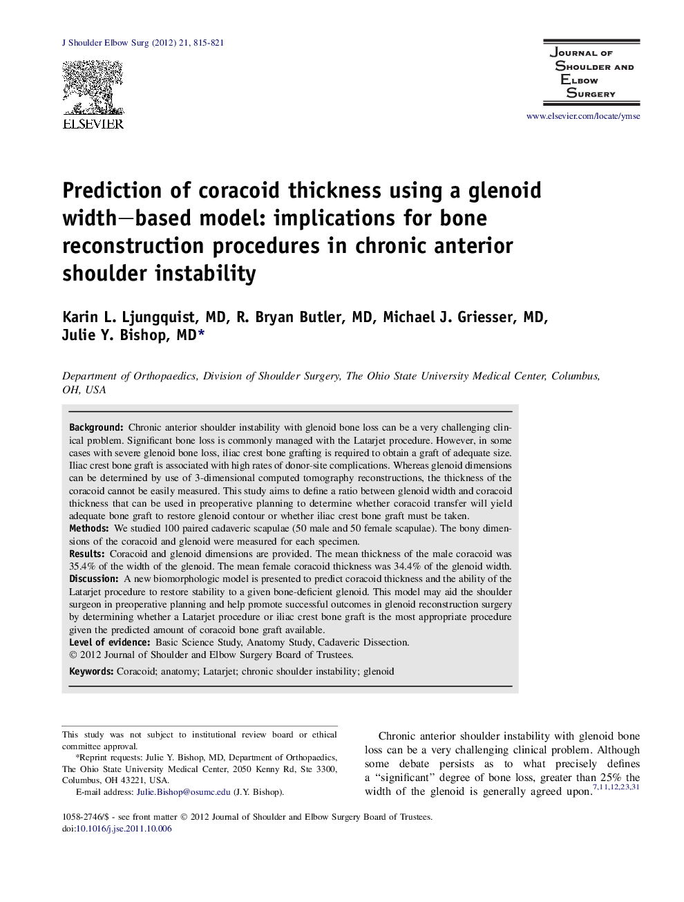 Prediction of coracoid thickness using a glenoid width–based model: implications for bone reconstruction procedures in chronic anterior shoulder instability 