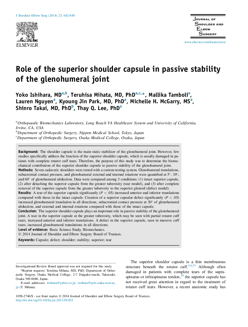 Role of the superior shoulder capsule in passive stability of the glenohumeral joint 