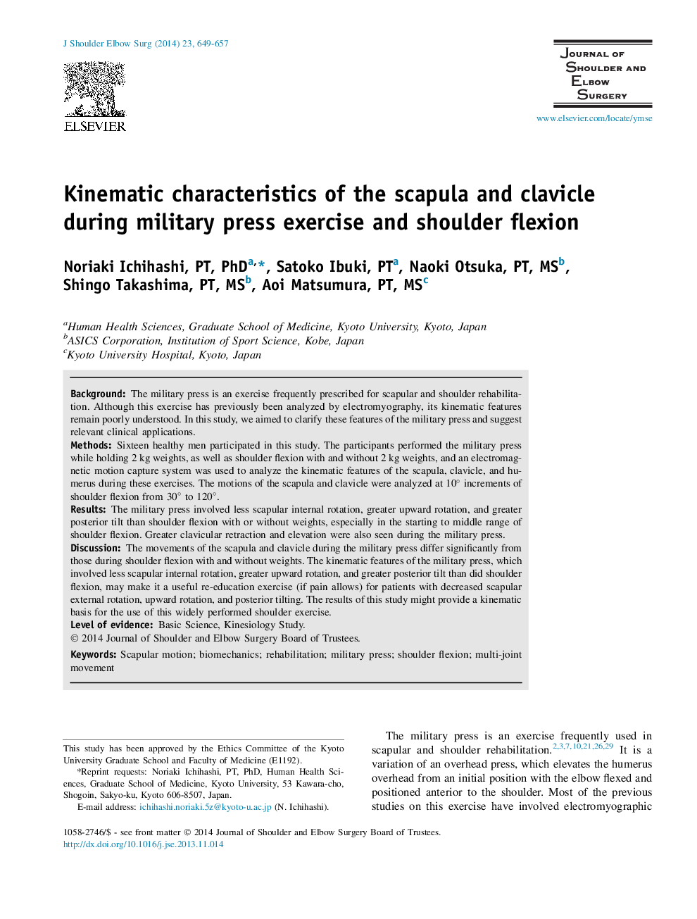 Kinematic characteristics of the scapula and clavicle during military press exercise and shoulder flexion 