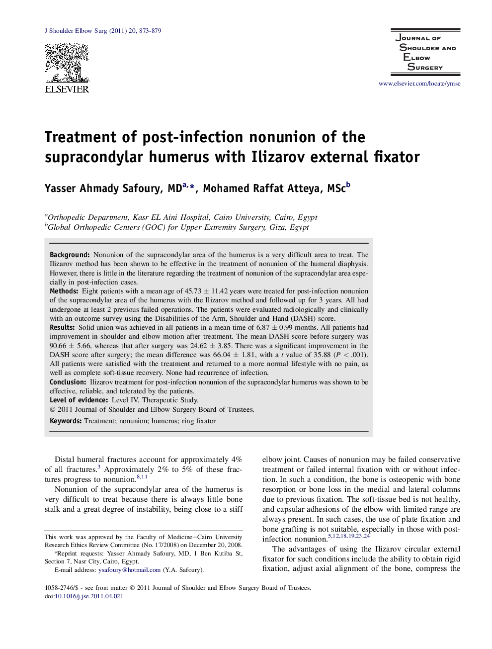 Treatment of post-infection nonunion of the supracondylar humerus with Ilizarov external fixator 