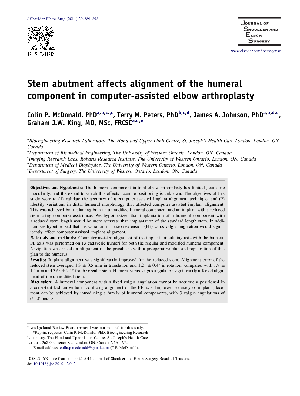 Stem abutment affects alignment of the humeral component in computer-assisted elbow arthroplasty 