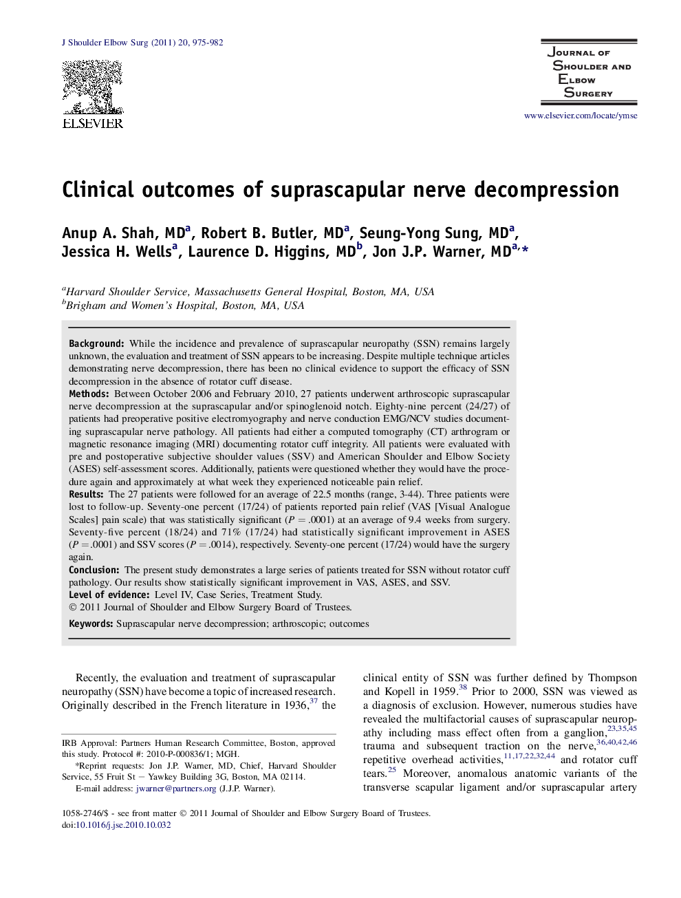 Clinical outcomes of suprascapular nerve decompression 