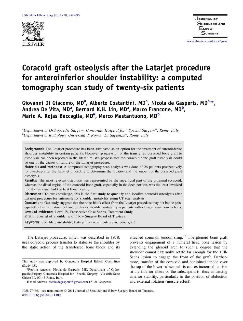 Coracoid graft osteolysis after the Latarjet procedure for anteroinferior shoulder instability: a computed tomography scan study of twenty-six patients 