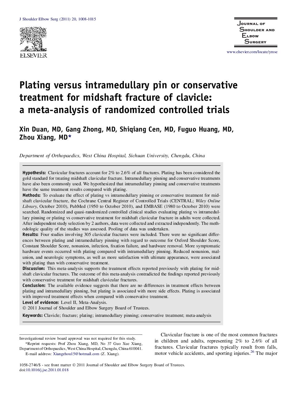 Plating versus intramedullary pin or conservative treatment for midshaft fracture of clavicle: a meta-analysis of randomized controlled trials 