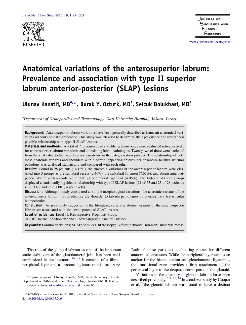 Anatomical variations of the anterosuperior labrum: Prevalence and association with type II superior labrum anterior-posterior (SLAP) lesions