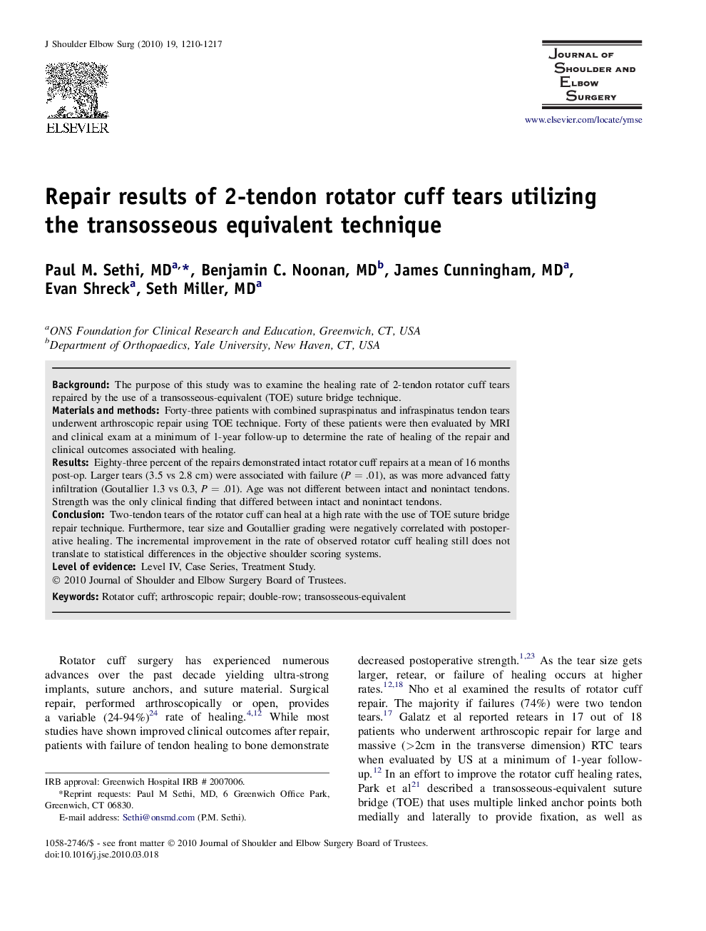 Repair results of 2-tendon rotator cuff tears utilizing the transosseous equivalent technique 