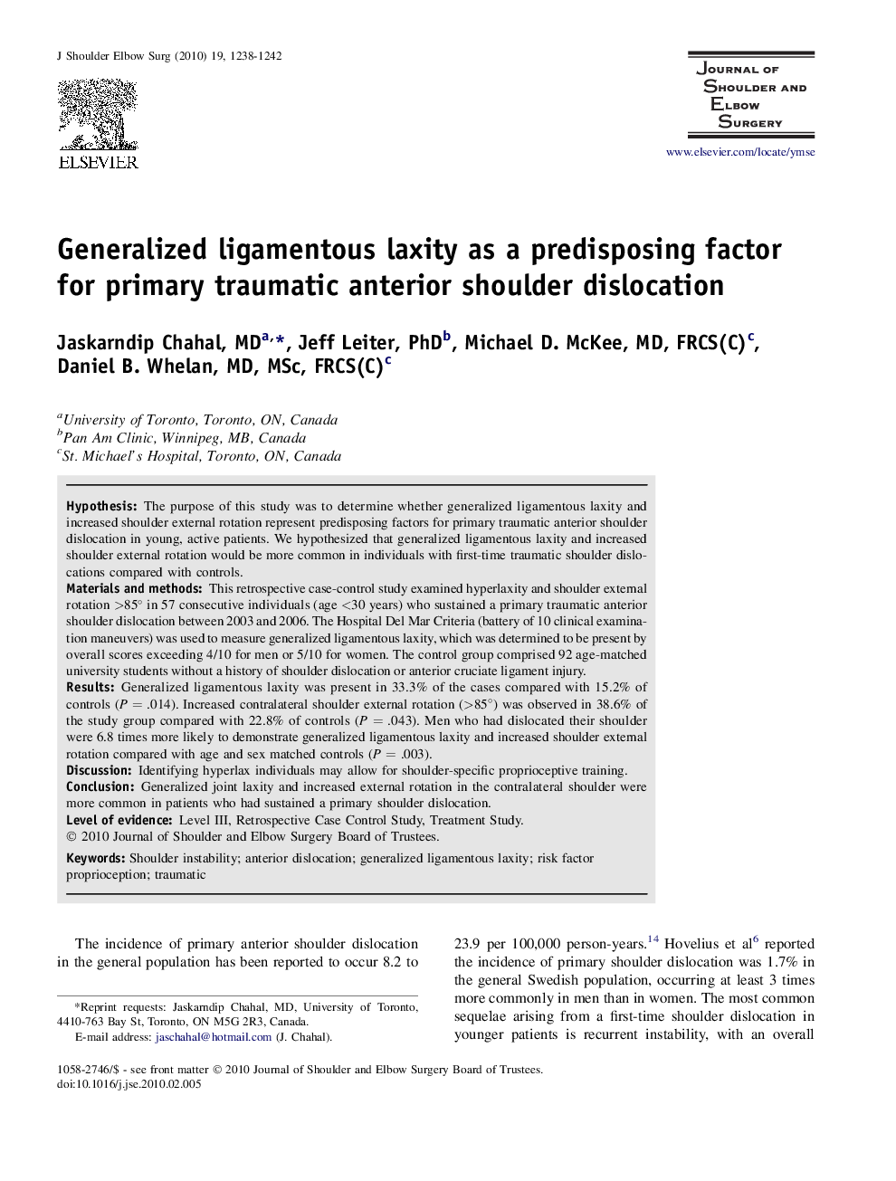 Generalized ligamentous laxity as a predisposing factor for primary traumatic anterior shoulder dislocation