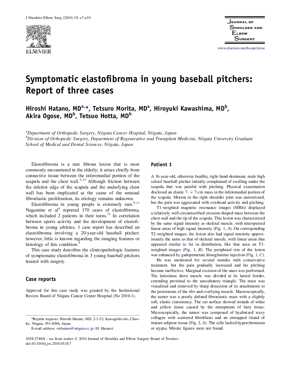 Symptomatic elastofibroma in young baseball pitchers: Report of three cases
