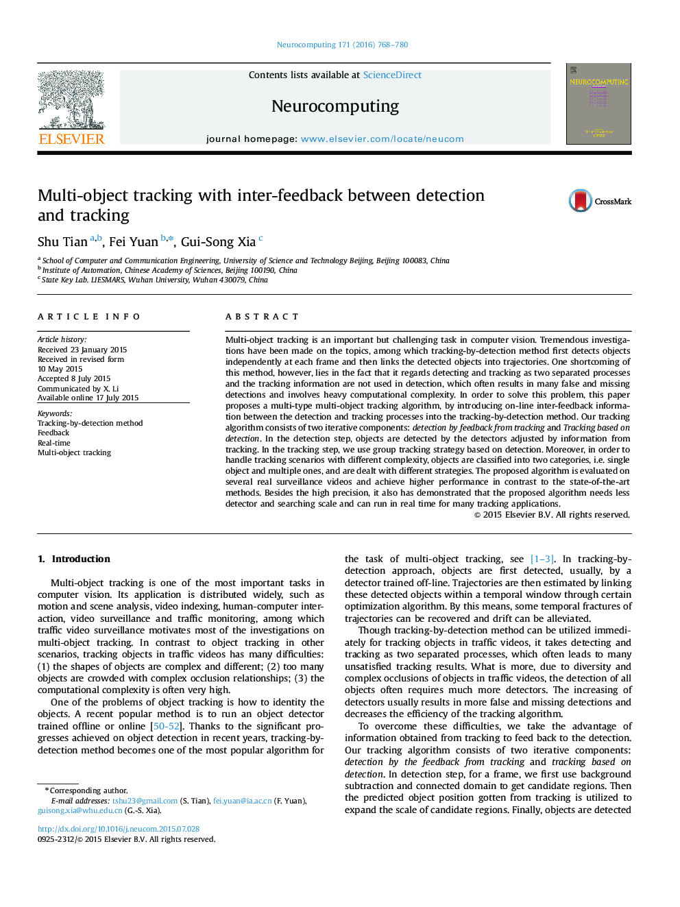 Multi-object tracking with inter-feedback between detection and tracking